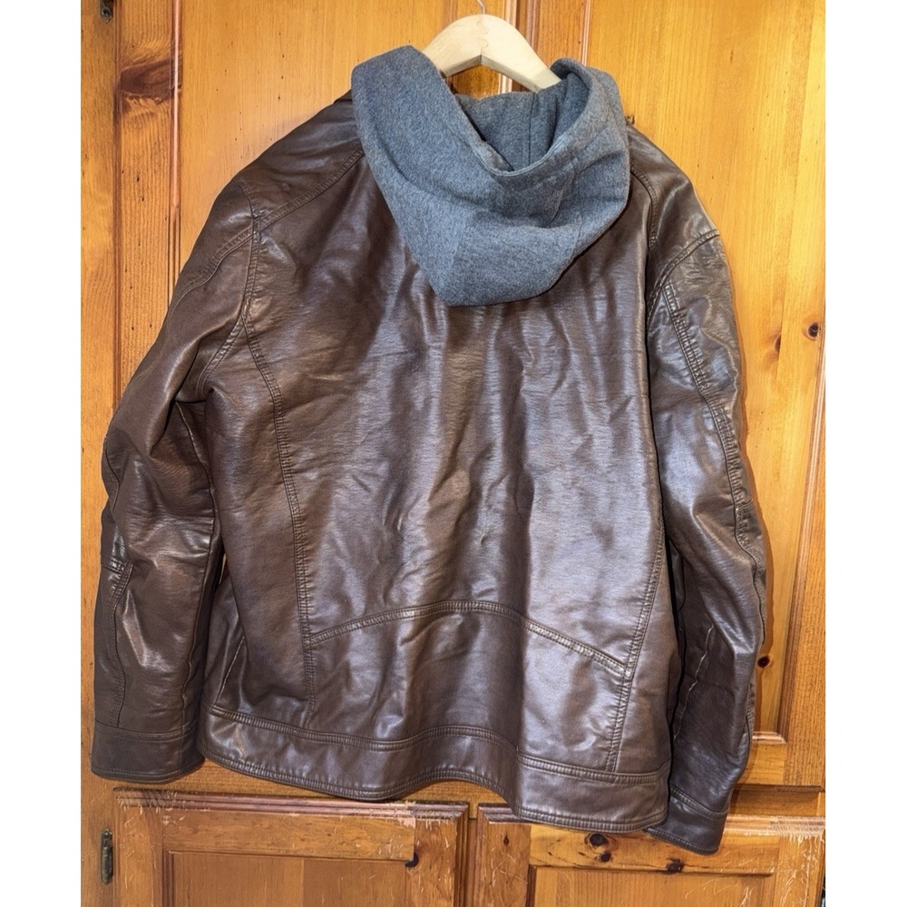 Guess Faux Leather Hooded Moto Jacket Removable Hood Brown Gray Men's XL Zip - Picture 4 of 11